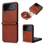 For Samsung Galaxy Z Flip4 5G Textured Leather Coated PC Cover Drop-proof Phone Case with Long Lanyard