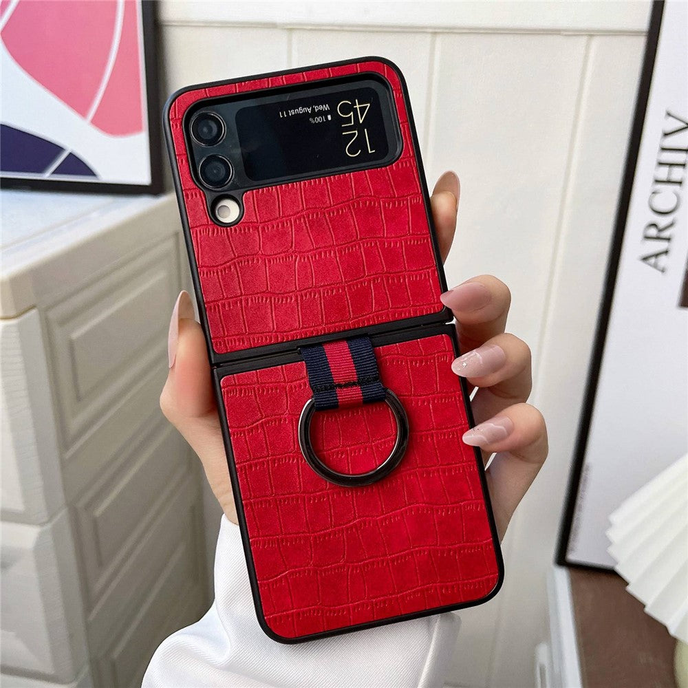 Til Samsung Galaxy Z Flip4 5G cover med krokodilletekstur i læderbelagt PC og metalfingerring