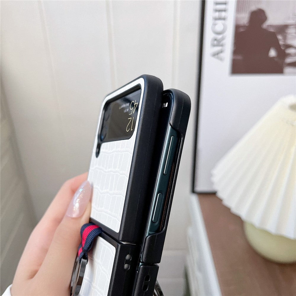 Til Samsung Galaxy Z Flip4 5G cover med krokodilletekstur i læderbelagt PC og metalfingerring