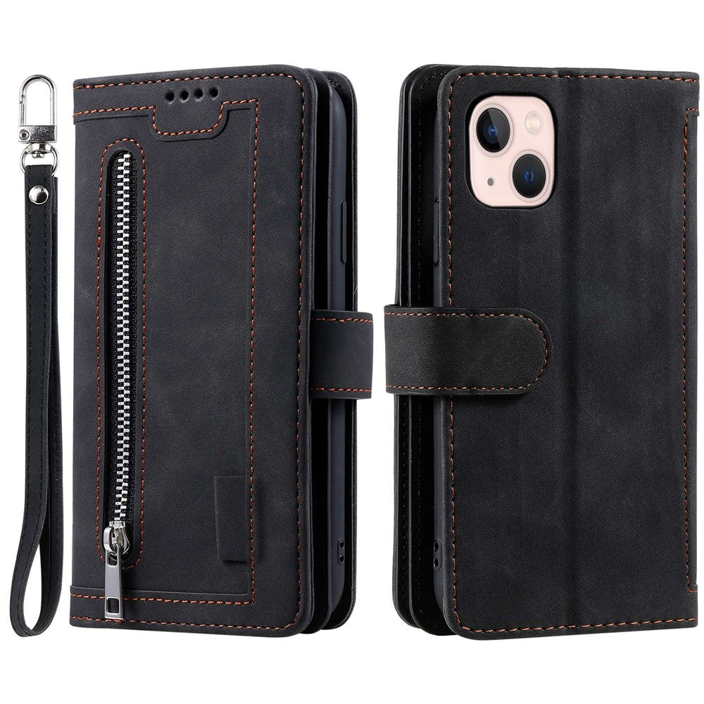 Til iPhone 14 Plus Lynlåslomme Design 9 Kortpladser Stødsikkert PU-lædercover Magnetisk Lukning Standpung-etui med Rem