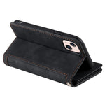 For iPhone 14 Plus Zipper Pocket Design 9 Card Slots Shockproof PU Leather Case Magnetic Closure Stand Wallet Cover with Strap