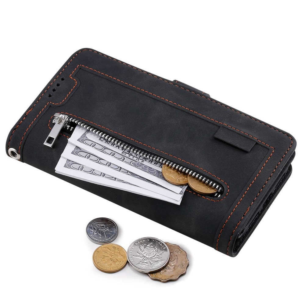 For iPhone 14 Plus Zipper Pocket Design 9 Card Slots Shockproof PU Leather Case Magnetic Closure Stand Wallet Cover with Strap