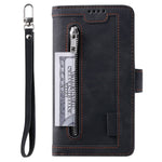 For iPhone 14 Plus Zipper Pocket Design 9 Card Slots Shockproof PU Leather Case Magnetic Closure Stand Wallet Cover with Strap