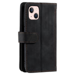 For iPhone 14 Plus Zipper Pocket Design 9 Card Slots Shockproof PU Leather Case Magnetic Closure Stand Wallet Cover with Strap