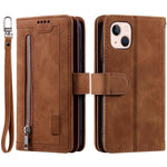 For iPhone 14 Plus Zipper Pocket Design 9 Card Slots Shockproof PU Leather Case Magnetic Closure Stand Wallet Cover with Strap