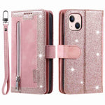 For iPhone 14 Plus Zipper Pocket Design 9 Card Slots Shockproof PU Leather Case Magnetic Closure Stand Wallet Cover with Strap