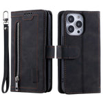 For iPhone 14 Pro 6.1 inch Zipper Pocket Design PU Leather 9 Card Slots Case Magnetic Closure Hands-free Stand Wallet Cover with Strap