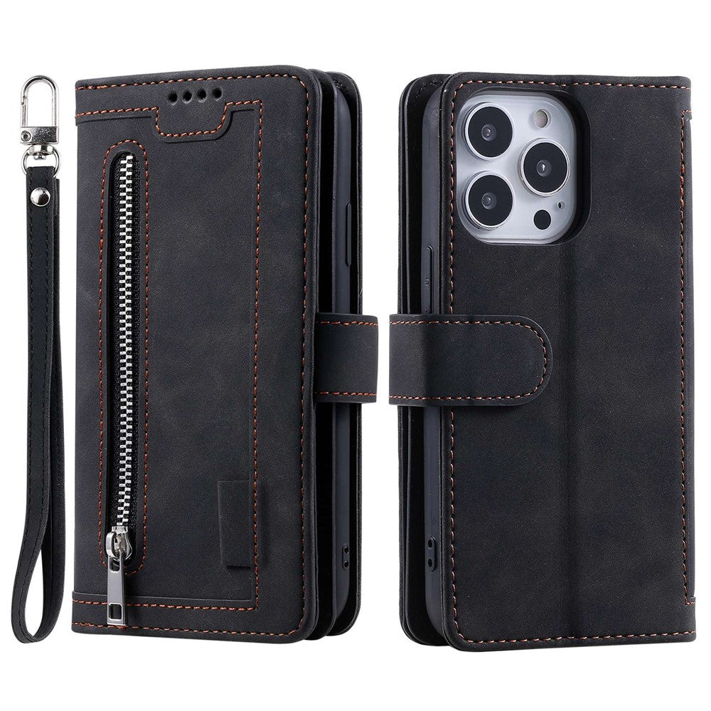 For iPhone 14 Pro 6.1 inch Zipper Pocket Design PU Leather 9 Card Slots Case Magnetic Closure Hands-free Stand Wallet Cover with Strap