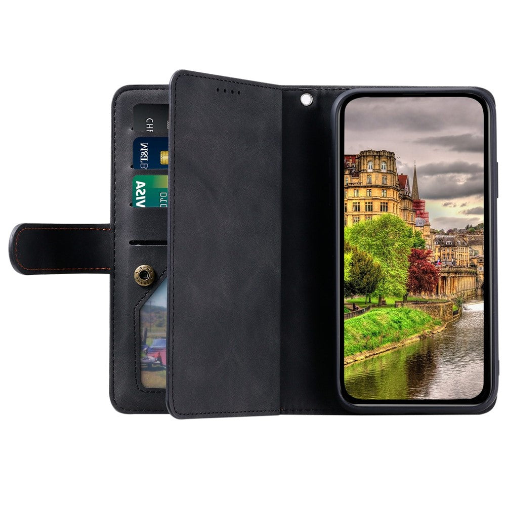 For iPhone 14 Pro 6.1 inch Zipper Pocket Design PU Leather 9 Card Slots Case Magnetic Closure Hands-free Stand Wallet Cover with Strap