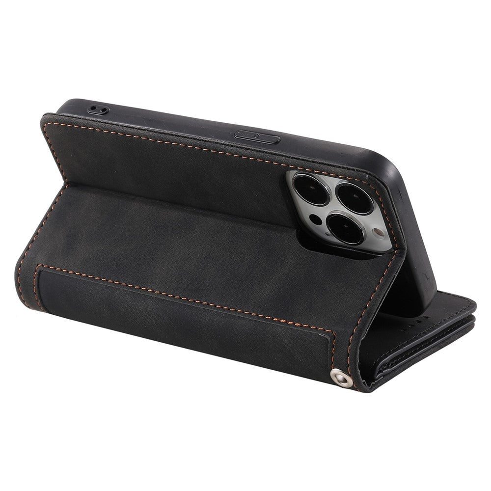 For iPhone 14 Pro 6.1 inch Zipper Pocket Design PU Leather 9 Card Slots Case Magnetic Closure Hands-free Stand Wallet Cover with Strap