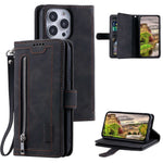 For iPhone 14 Pro 6.1 inch Zipper Pocket Design PU Leather 9 Card Slots Case Magnetic Closure Hands-free Stand Wallet Cover with Strap