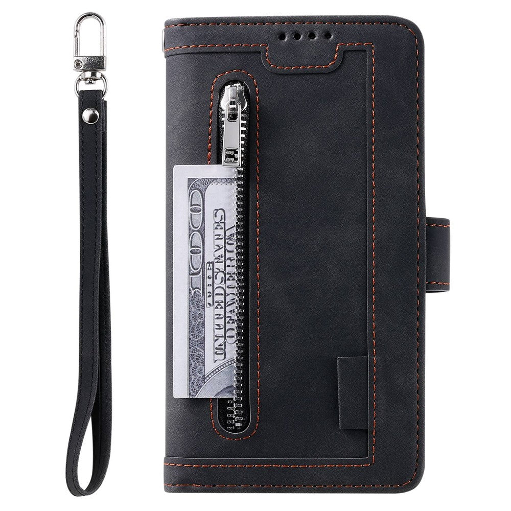 For iPhone 14 Pro 6.1 inch Zipper Pocket Design PU Leather 9 Card Slots Case Magnetic Closure Hands-free Stand Wallet Cover with Strap