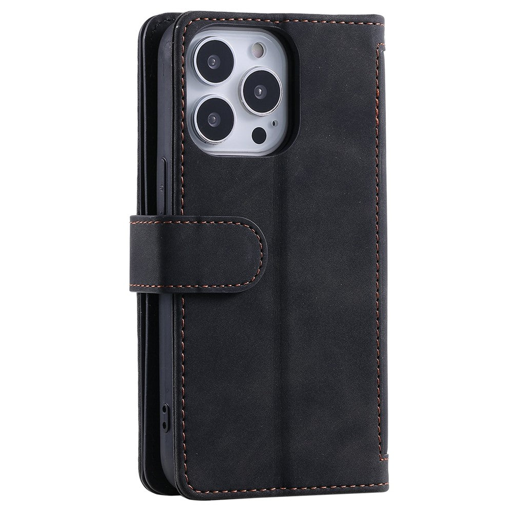 For iPhone 14 Pro 6.1 inch Zipper Pocket Design PU Leather 9 Card Slots Case Magnetic Closure Hands-free Stand Wallet Cover with Strap