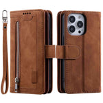 For iPhone 14 Pro 6.1 inch Zipper Pocket Design PU Leather 9 Card Slots Case Magnetic Closure Hands-free Stand Wallet Cover with Strap