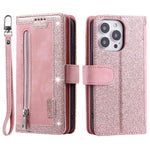 For iPhone 14 Pro 6.1 inch Zipper Pocket Design PU Leather 9 Card Slots Case Magnetic Closure Hands-free Stand Wallet Cover with Strap