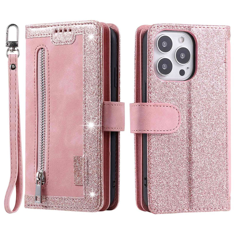 For iPhone 14 Pro 6.1 inch Zipper Pocket Design PU Leather 9 Card Slots Case Magnetic Closure Hands-free Stand Wallet Cover with Strap