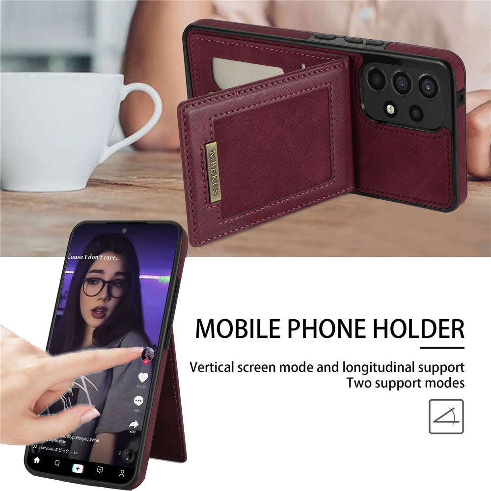 N.BEKUS til Samsung Galaxy A52 4G / 5G / A52s 5G Stødsikkert telefoncover Vertikal kortholder Stander i PU-læder+TPU RFID-blokerende telefoncover