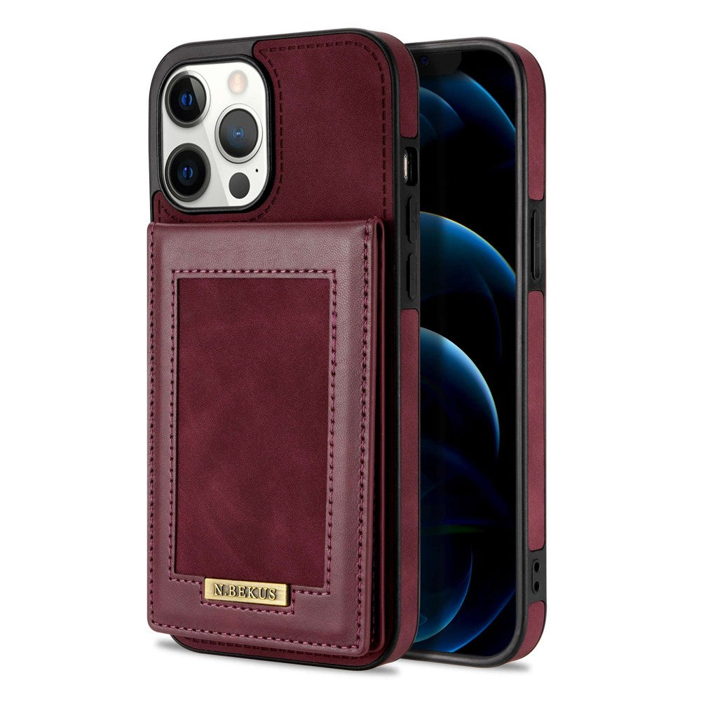 N.BEKUS RFID Blocking Phone Cover for iPhone 12 Pro / 12 6.1 inch, Vertical Card Holder Kickstand Design PU Leather+TPU Phone Case Shell