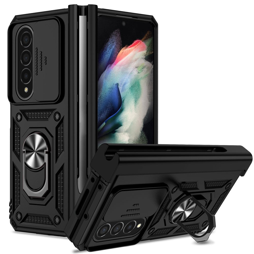 For Samsung Galaxy Z Fold4 5G PC + TPU Shockproof Phone Case Metal Ring Kickstand Slide Camera Cover Shell