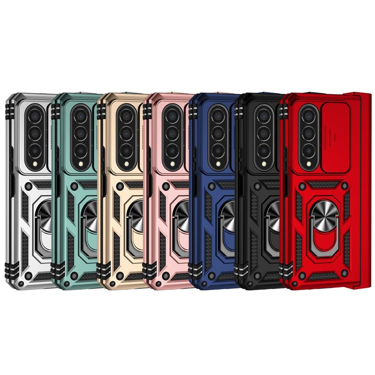 For Samsung Galaxy Z Fold4 5G PC + TPU Shockproof Phone Case Metal Ring Kickstand Slide Camera Cover Shell