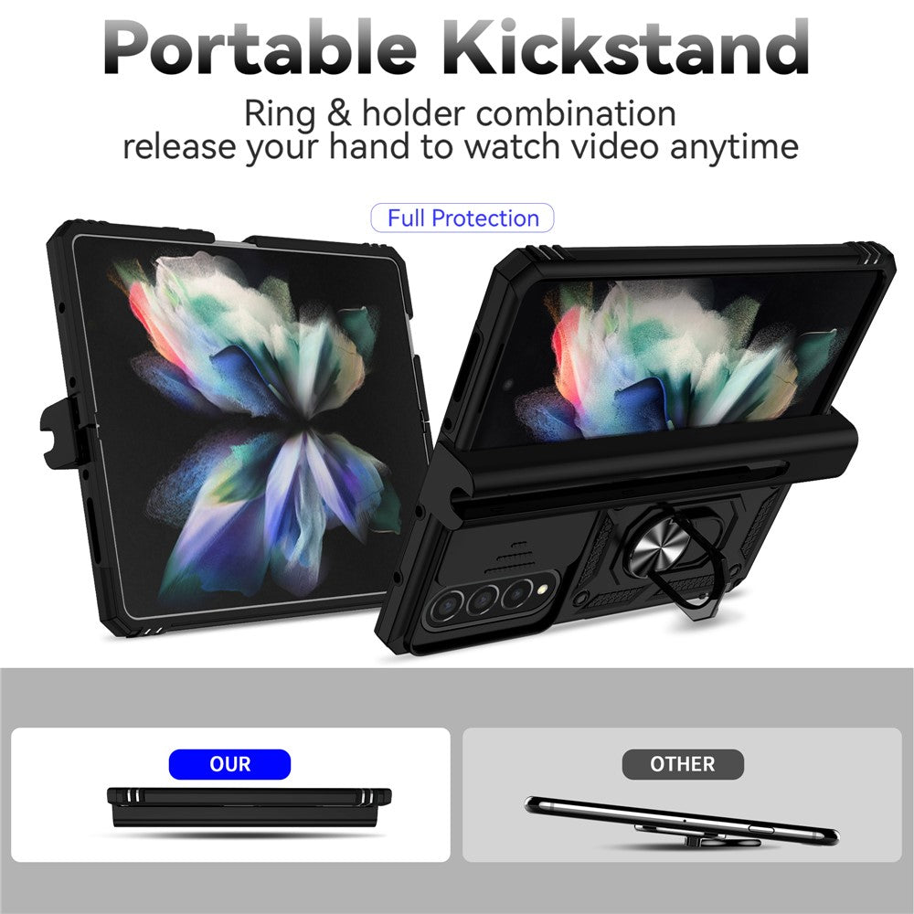 For Samsung Galaxy Z Fold4 5G PC + TPU Shockproof Phone Case Metal Ring Kickstand Slide Camera Cover Shell