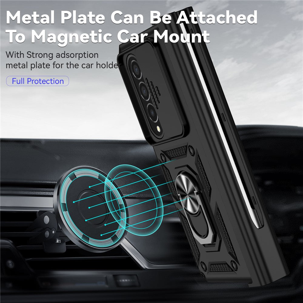 For Samsung Galaxy Z Fold4 5G PC + TPU Shockproof Phone Case Metal Ring Kickstand Slide Camera Cover Shell