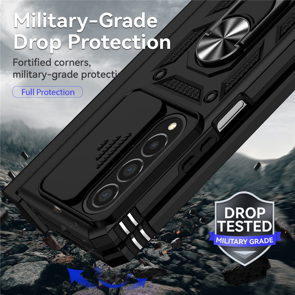 For Samsung Galaxy Z Fold4 5G PC + TPU Shockproof Phone Case Metal Ring Kickstand Slide Camera Cover Shell