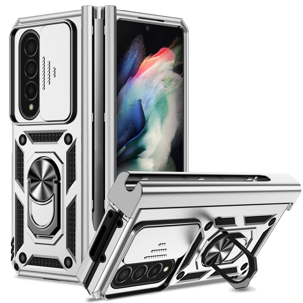For Samsung Galaxy Z Fold4 5G PC + TPU Shockproof Phone Case Metal Ring Kickstand Slide Camera Cover Shell