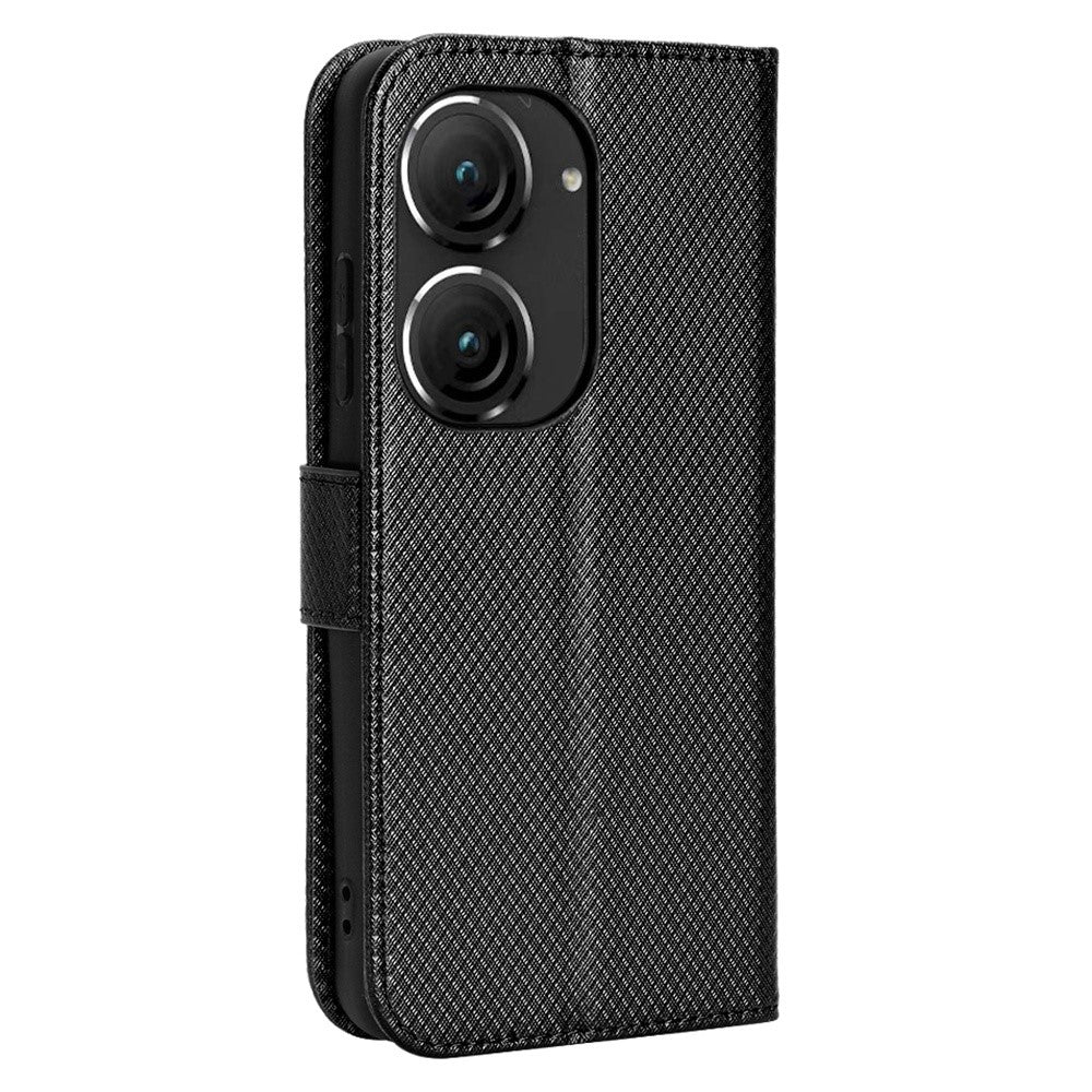 For Asus Zenfone 10 5G / 9 5G Diamond Texture Phone Flip Wallet Case Anti-shock Scratch-resistant PU Leather Cell Phone Cover with Strap