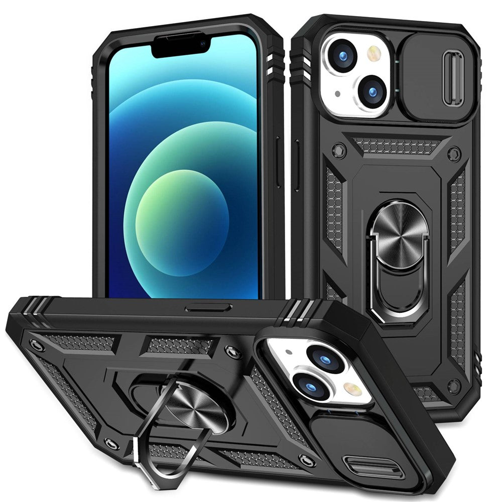 Til iPhone 14 Plus Anti-fald PC+TPU Kickstand Funktion Telefonbeskytter Skydeligt Kameralinse Cover Design Etui med Kortlomme