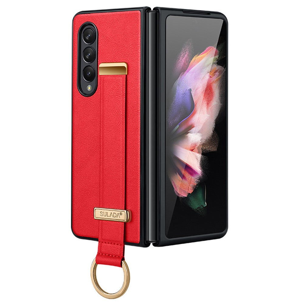SULADA Fashion Series for Samsung Galaxy Z Fold4 5G Kickstand Design Anti-fingerprint Waxy Leather Coated PC Shell Electroplating Phone Case with Wristband