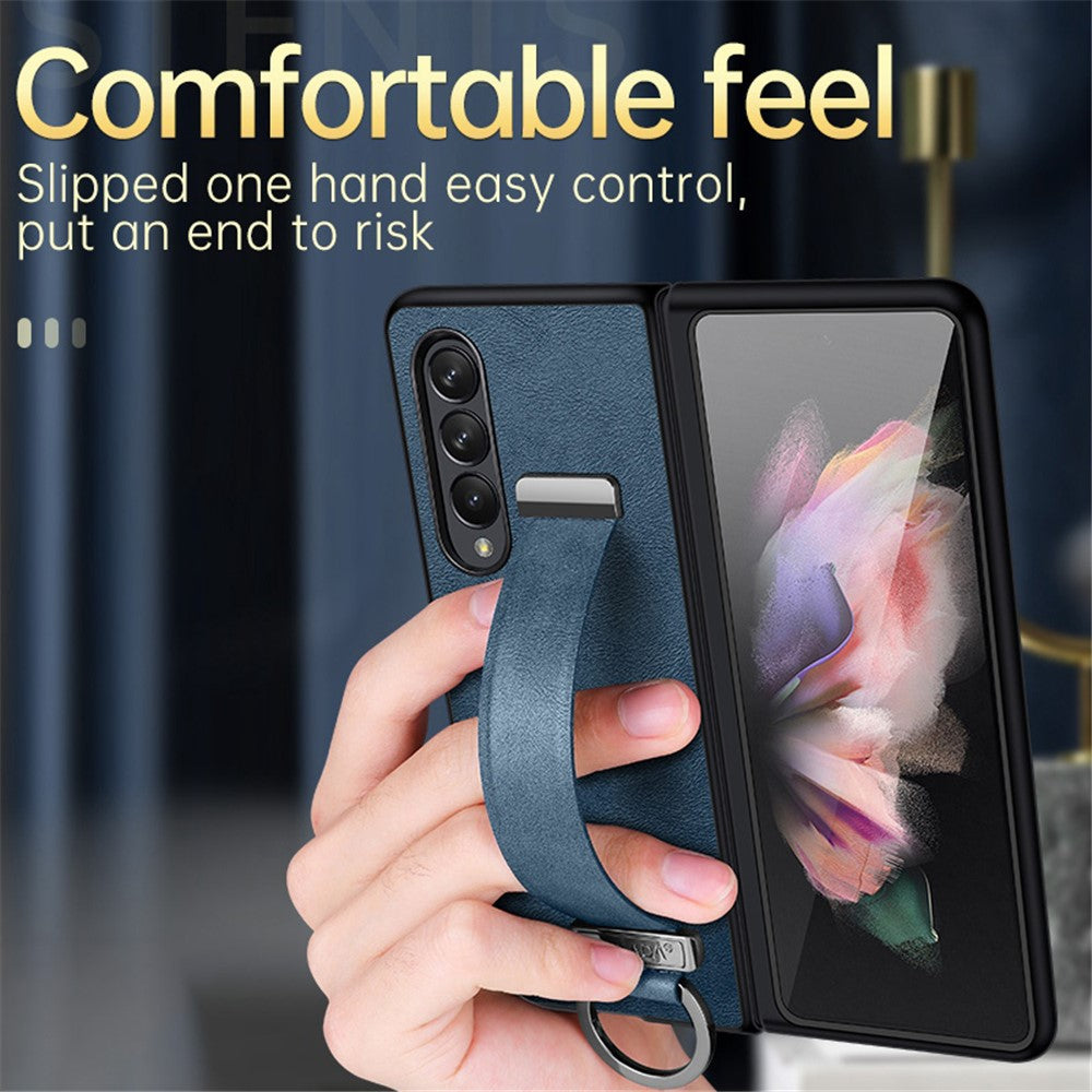 SULADA Fashion Series for Samsung Galaxy Z Fold4 5G Kickstand Design Anti-fingerprint Waxy Leather Coated PC Shell Electroplating Phone Case with Wristband