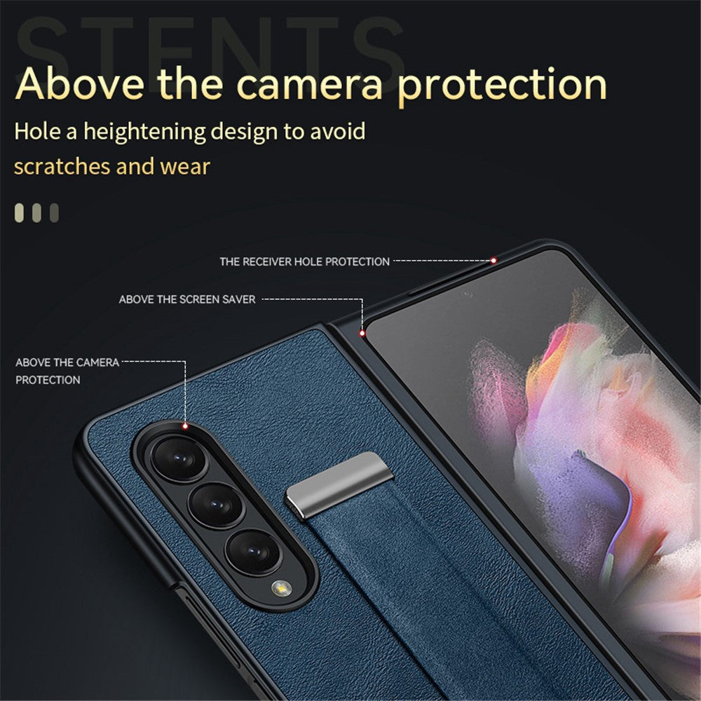 SULADA Fashion Series for Samsung Galaxy Z Fold4 5G Kickstand Design Anti-fingerprint Waxy Leather Coated PC Shell Electroplating Phone Case with Wristband