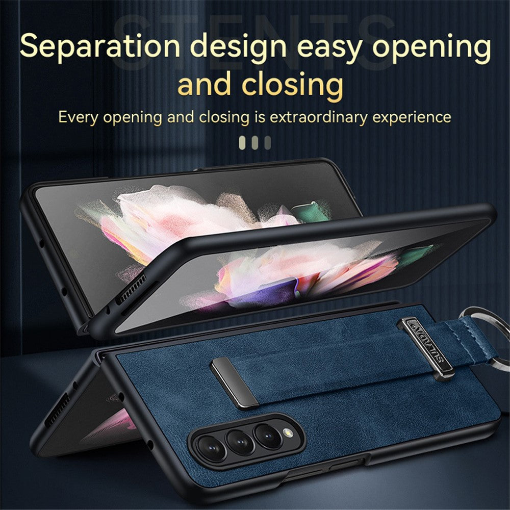 SULADA Fashion Series for Samsung Galaxy Z Fold4 5G Kickstand Design Anti-fingerprint Waxy Leather Coated PC Shell Electroplating Phone Case with Wristband