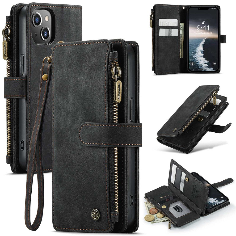 CASEME C30 Series etui med flere kortpladser til iPhone 14 6,1 tommer, tegnebogsetui i PU-læder med lynlåslomme og strop