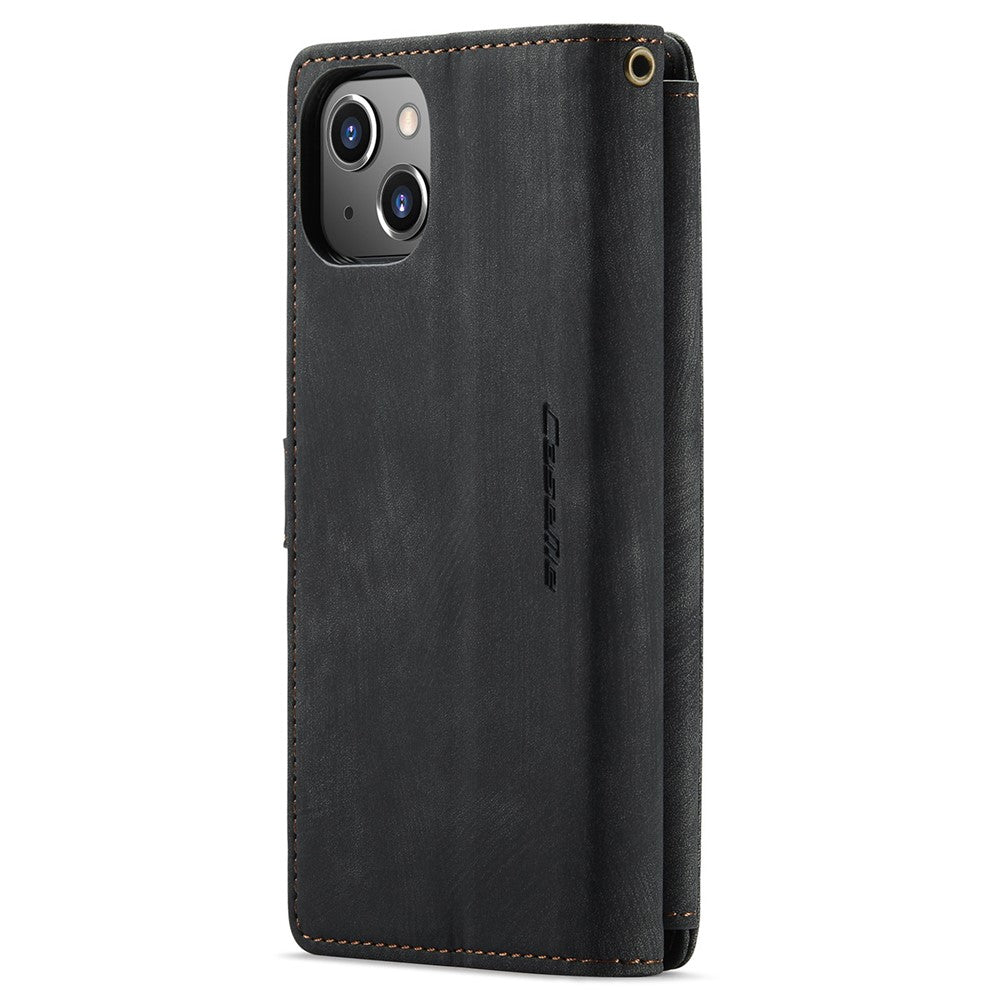 CASEME C30 Series Multiple Card Slots Case for iPhone 14 6.1 inch, Zipper Pocket Wallet PU Leather Stand Phone Cover with Strap