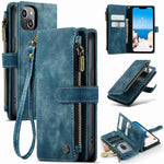 CASEME C30 Series Multiple Card Slots Case for iPhone 14 6.1 inch, Zipper Pocket Wallet PU Leather Stand Phone Cover with Strap