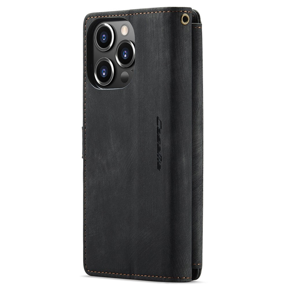 CASEME C30-serien för iPhone 14 Pro 6,1 tum, plånboksfodral med dragkedja, PU-läder, stativ, flera kortfack och rem