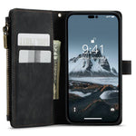 CASEME C30-serien för iPhone 14 Pro 6,1 tum, plånboksfodral med dragkedja, PU-läder, stativ, flera kortfack och rem