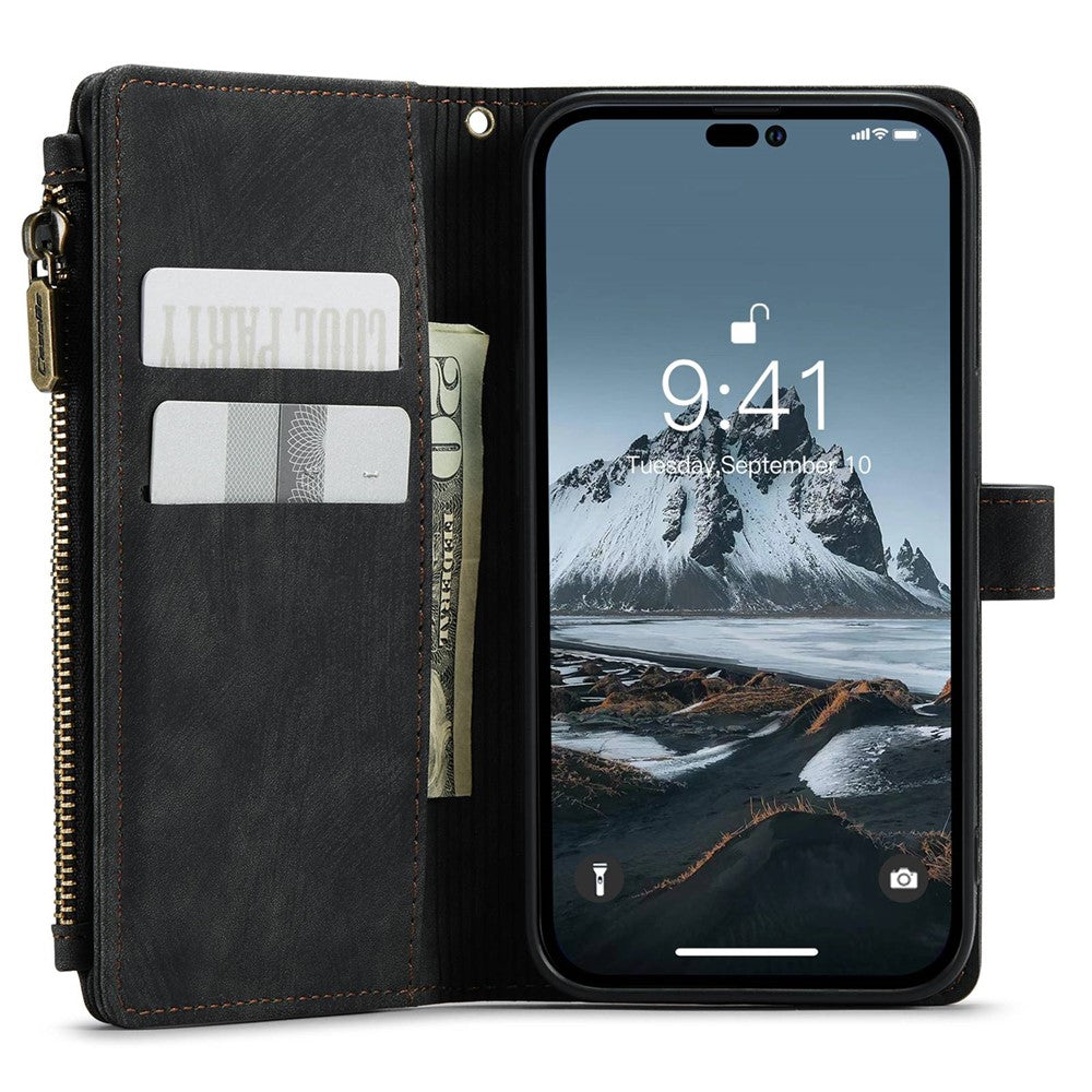CASEME C30-serien för iPhone 14 Pro 6,1 tum, plånboksfodral med dragkedja, PU-läder, stativ, flera kortfack och rem
