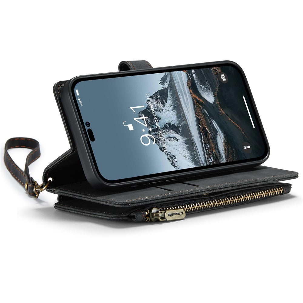 CASEME C30-serien för iPhone 14 Pro 6,1 tum, plånboksfodral med dragkedja, PU-läder, stativ, flera kortfack och rem