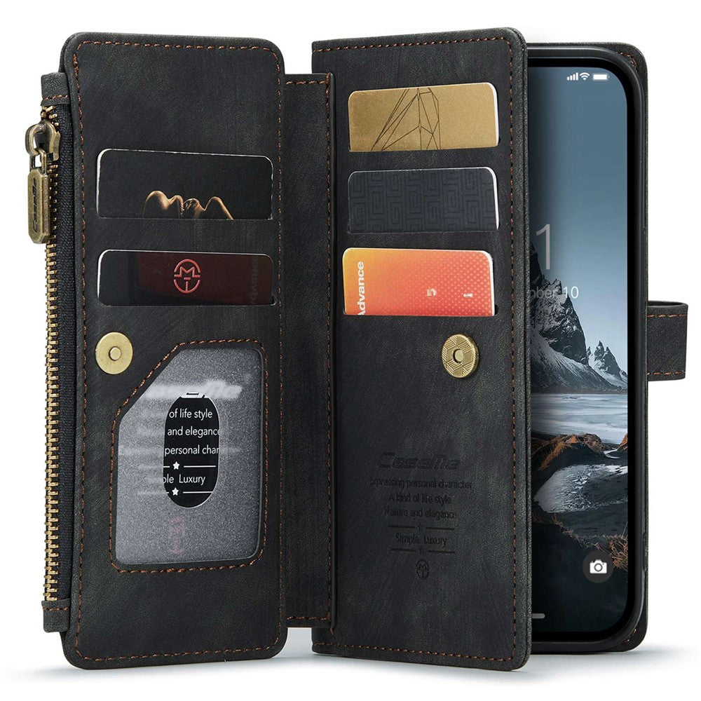 CASEME C30-serien för iPhone 14 Pro 6,1 tum, plånboksfodral med dragkedja, PU-läder, stativ, flera kortfack och rem