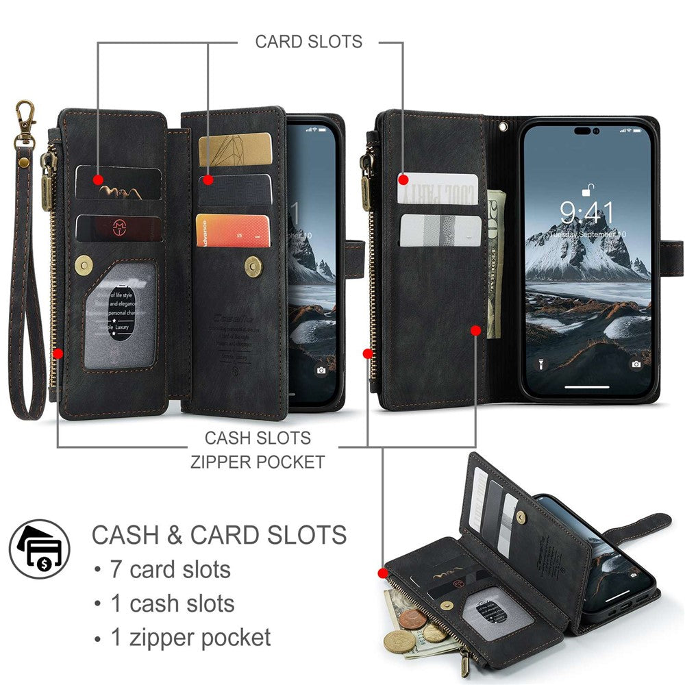 CASEME C30-serien för iPhone 14 Pro 6,1 tum, plånboksfodral med dragkedja, PU-läder, stativ, flera kortfack och rem