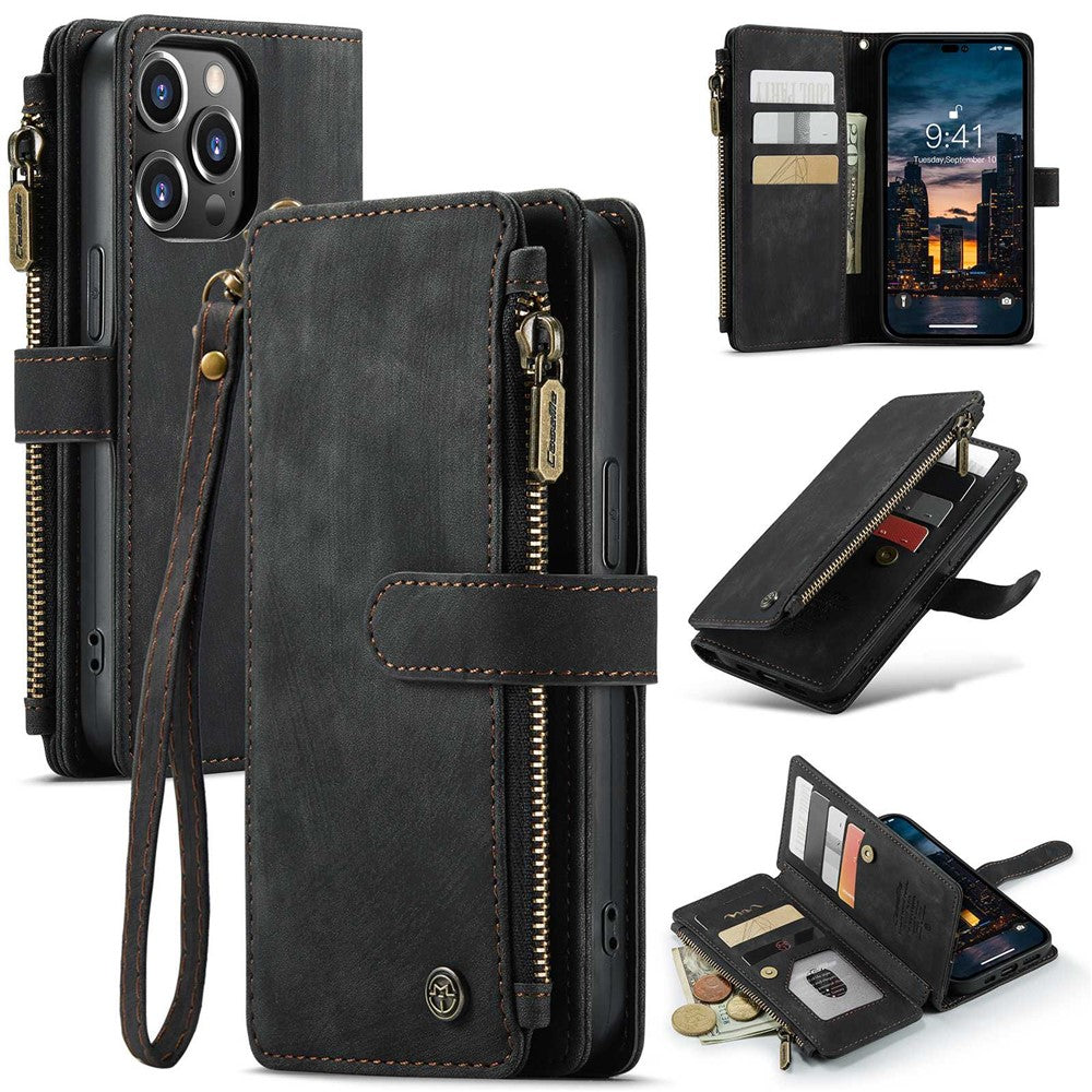 For iPhone 14 Pro Max Phone Cases with Strap CASEME C30 Zipper Multiple Card Holder PU Leather Cover