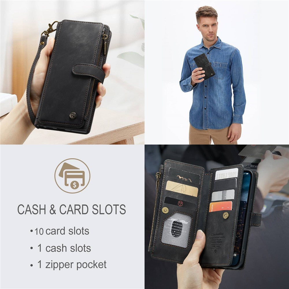 For iPhone 14 Pro Max Phone Cases with Strap CASEME C30 Zipper Multiple Card Holder PU Leather Cover