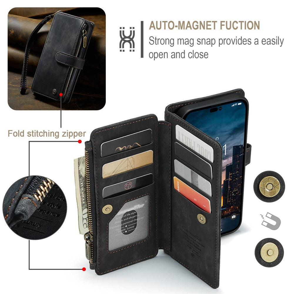 For iPhone 14 Pro Max Phone Cases with Strap CASEME C30 Zipper Multiple Card Holder PU Leather Cover