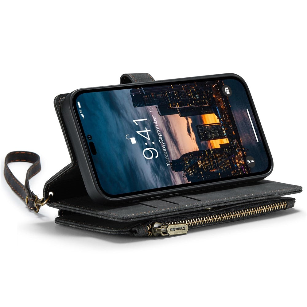 For iPhone 14 Pro Max Phone Cases with Strap CASEME C30 Zipper Multiple Card Holder PU Leather Cover