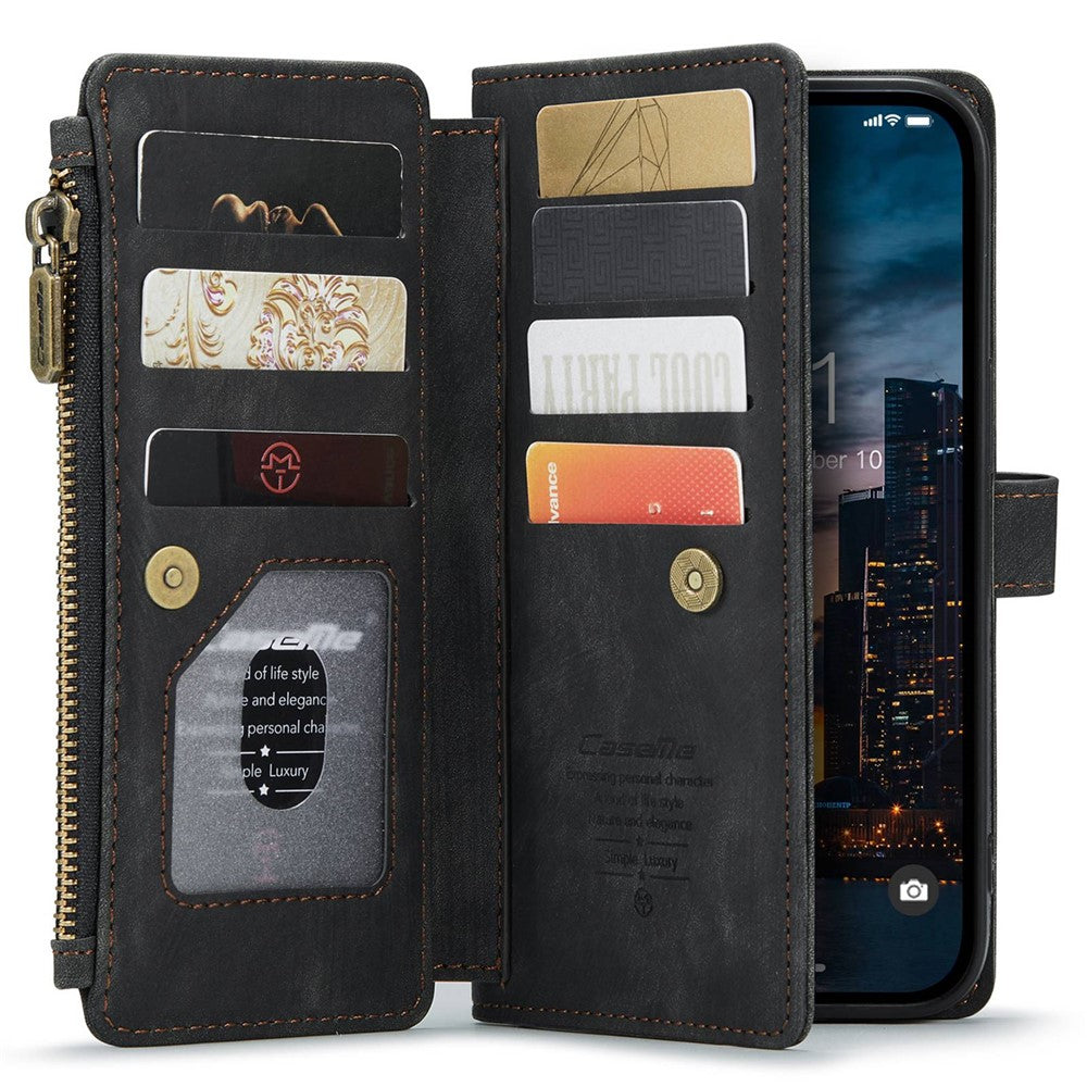 For iPhone 14 Pro Max Phone Cases with Strap CASEME C30 Zipper Multiple Card Holder PU Leather Cover
