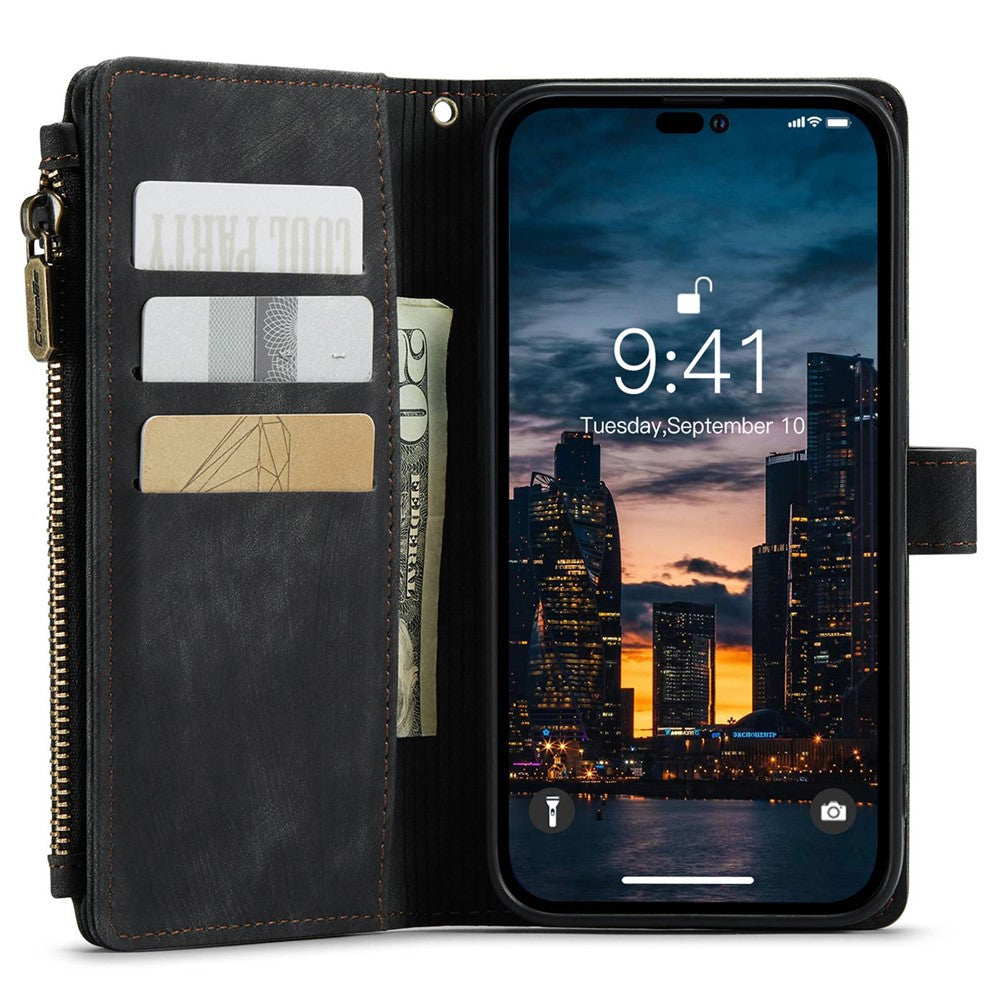 For iPhone 14 Pro Max Phone Cases with Strap CASEME C30 Zipper Multiple Card Holder PU Leather Cover