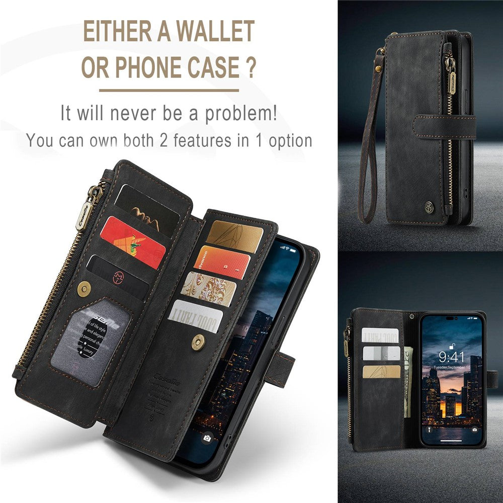 For iPhone 14 Pro Max Phone Cases with Strap CASEME C30 Zipper Multiple Card Holder PU Leather Cover
